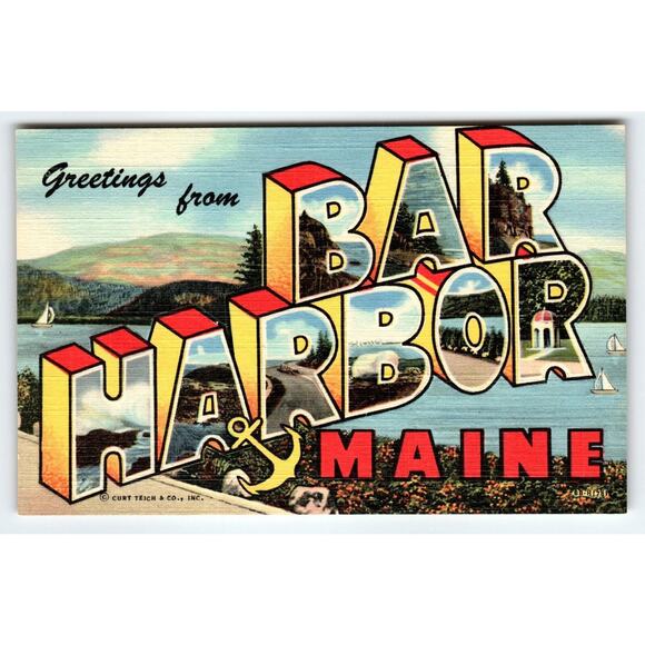 Greetings From Bar Harbor Maine 1940's Vintage Large Big Letter Postcard Linen - Picture 1 of 2